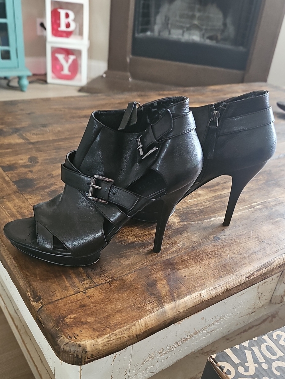 Nine West Black Leather Peep-Toe Buckle Stiletto Booties